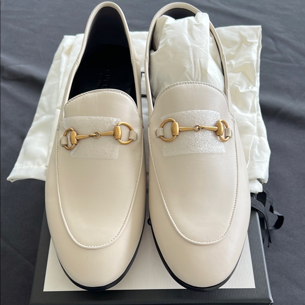 Elegant White Leather Loafers with Gold Detailing